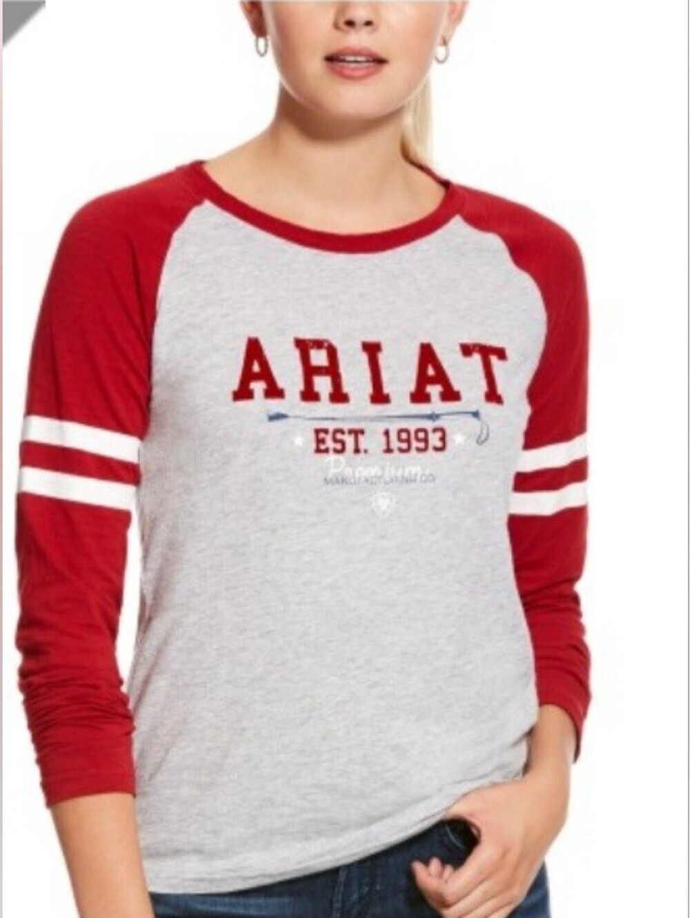 NWT ARIAT WOMEN'S LOGO FLOCK LONG SLEEVE T- SHIRT. SIZE LARGE. HEATHER GREY
